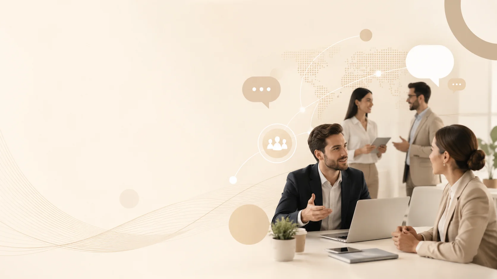 Equipe corporativa em reunião discutindo comunicação empresarial