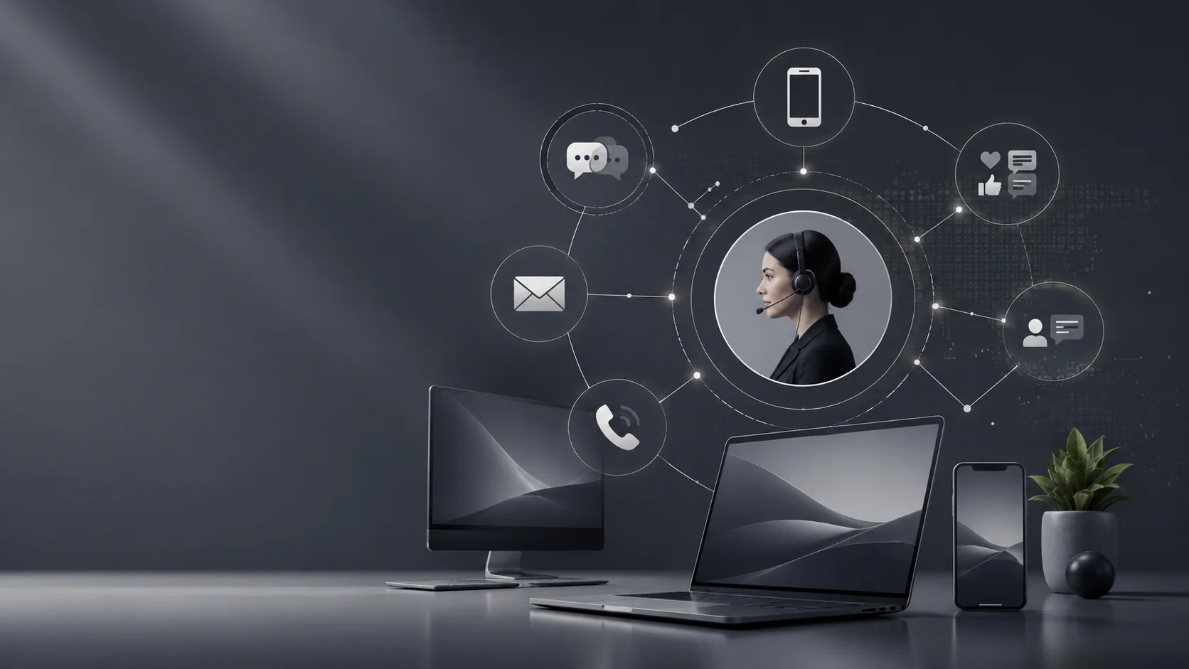 Atendente usando plataforma omnichannel com vários canais conectados